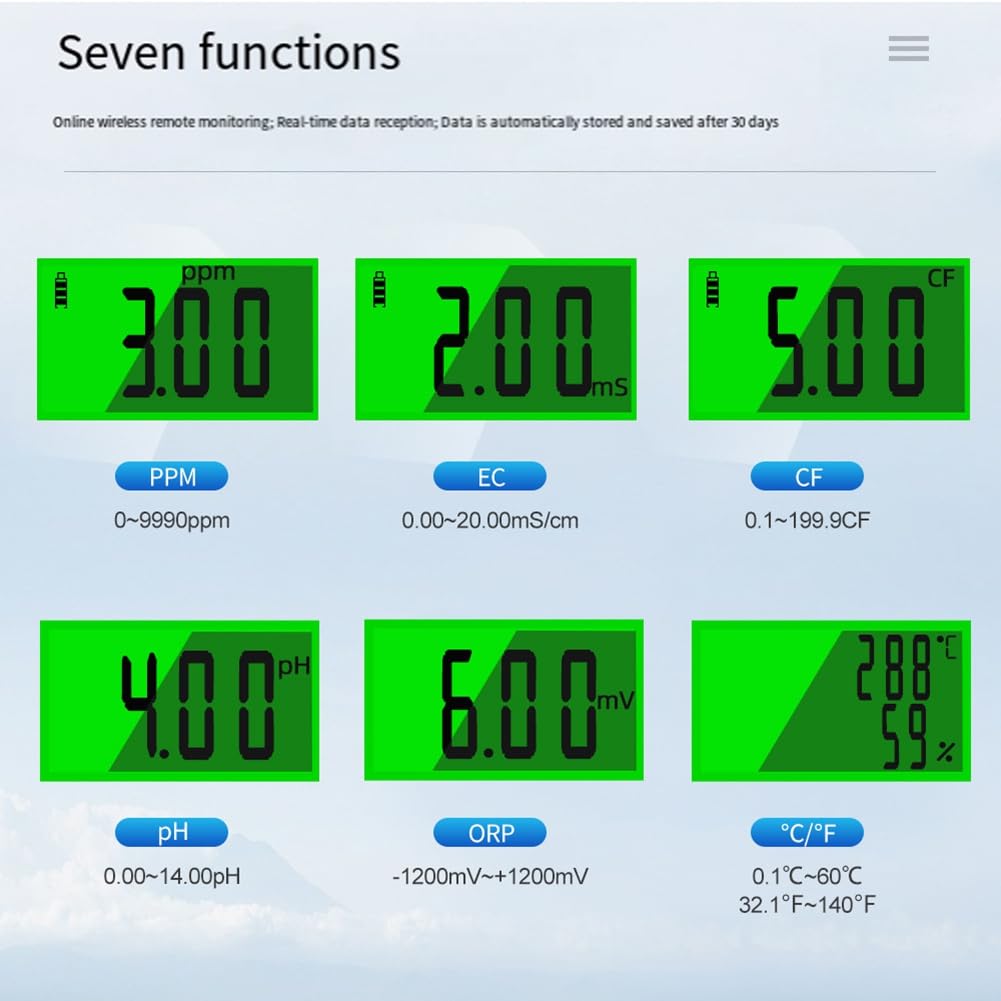 Probador de Calidad del Agua Wifi 7 en 1, ORP, TDS, EC, Temperatura y Humedad, Analizador en Línea para Acuarios, Monitor de Análisis de Agua