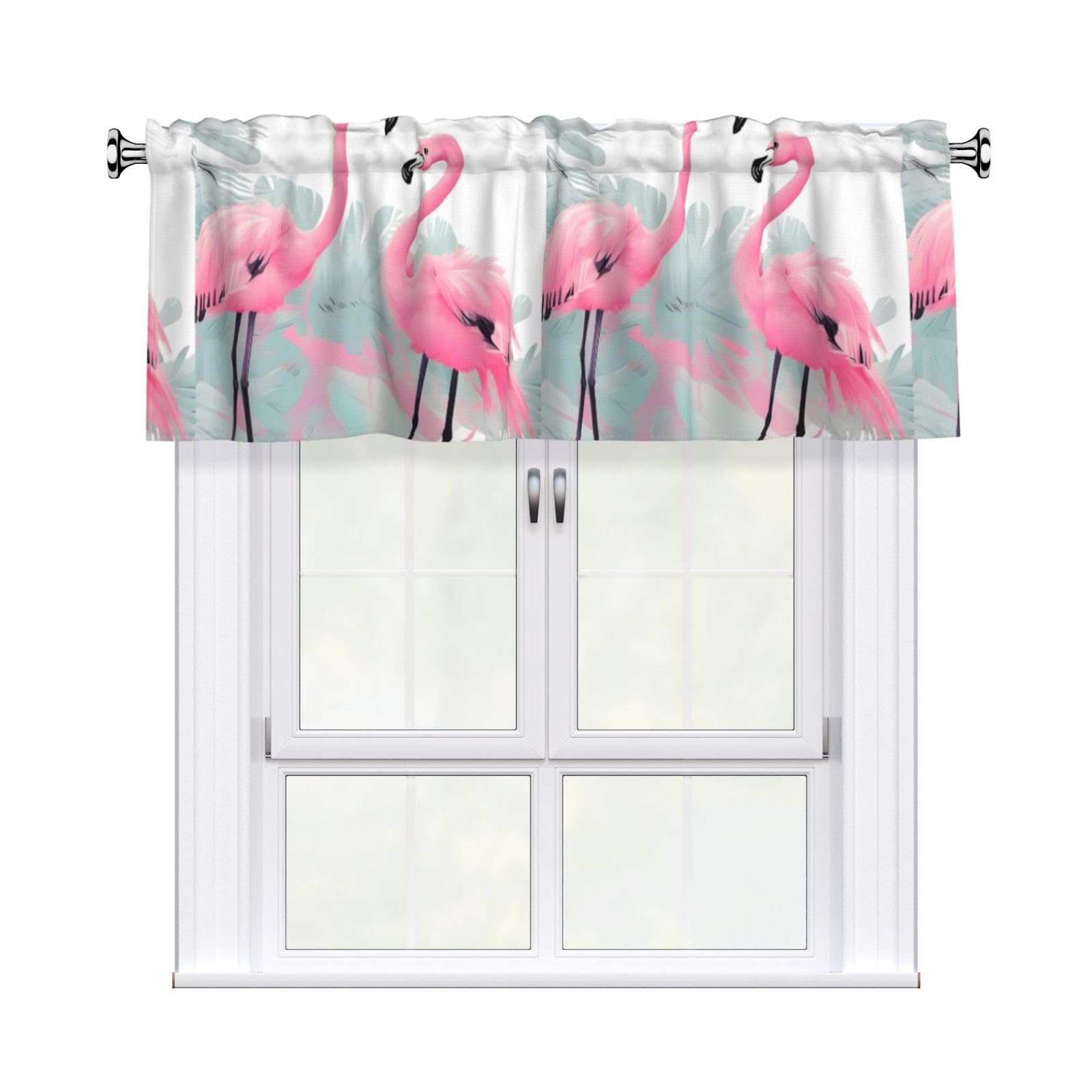 HJFCZH WHJSSF Pink Flamingo Prints 54x18in Curtain Valance - Peach Skin Polyester Kitchen Cover with Light Filtering Floral & 3" Rod Pocket