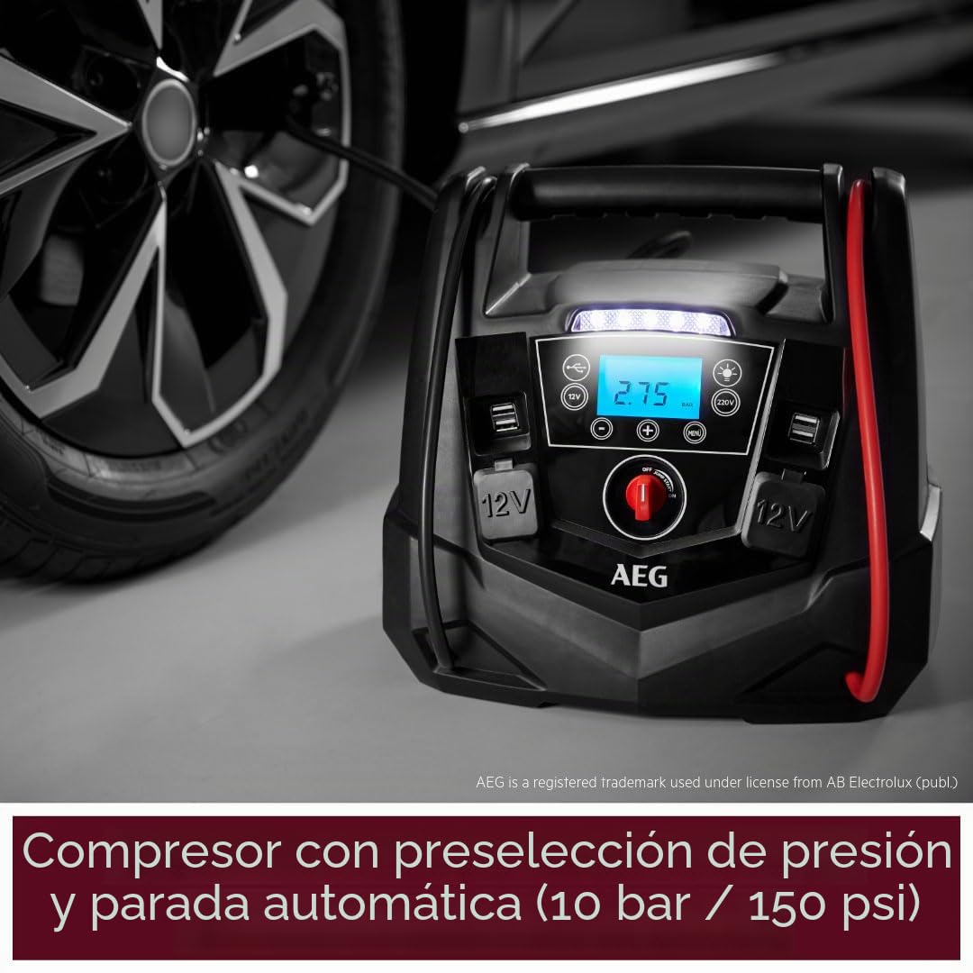 AEG - Estación de energía portátil de 12 V para Coche, con compresor de Aire, Transformador de 220 V, Enchufe, con 4 USB