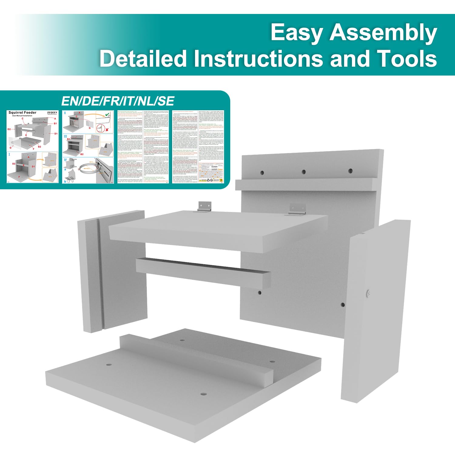 Comedero de Madera de Gran Capacidad para Ardillas con Soporte de Montaje, Tratamiento de Superficie Compatible con barandilla de árbol de Pared, pasamanos y Valla