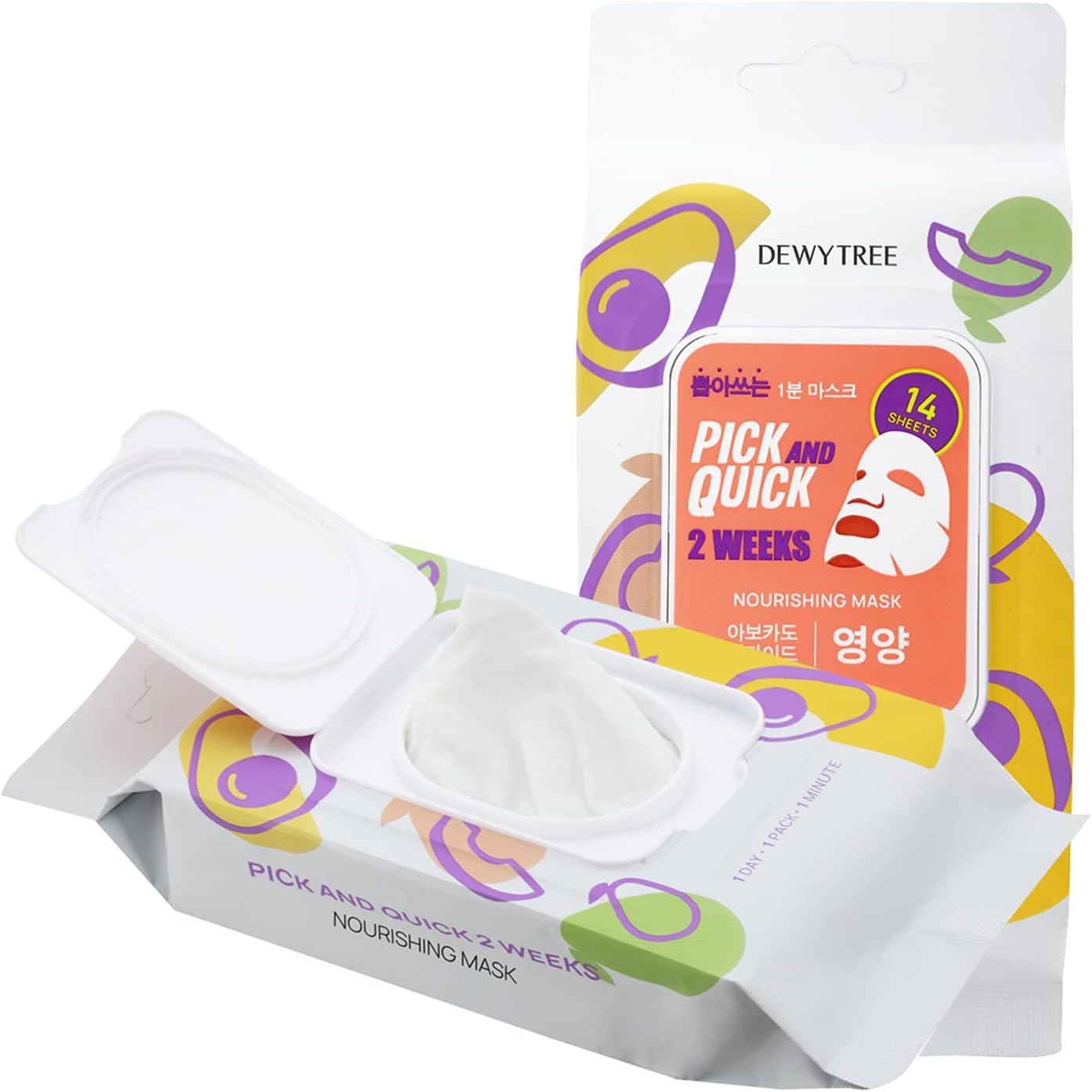DEWYTREE Pick and Quick 2 Weeks Nourishing Mask 14 Sheets | Moisturizing Face Masks Beauty Sheet Set | Hydrating Face Masks w/Avocado Extracts | Intensive Care Hydrating Face Mask Skincare Sheets