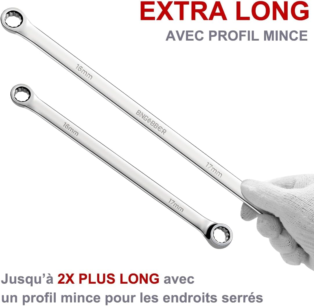 Set di 8 chiavi a doppio occhio miste, chiave poligonale extra lunga 8-24 mm