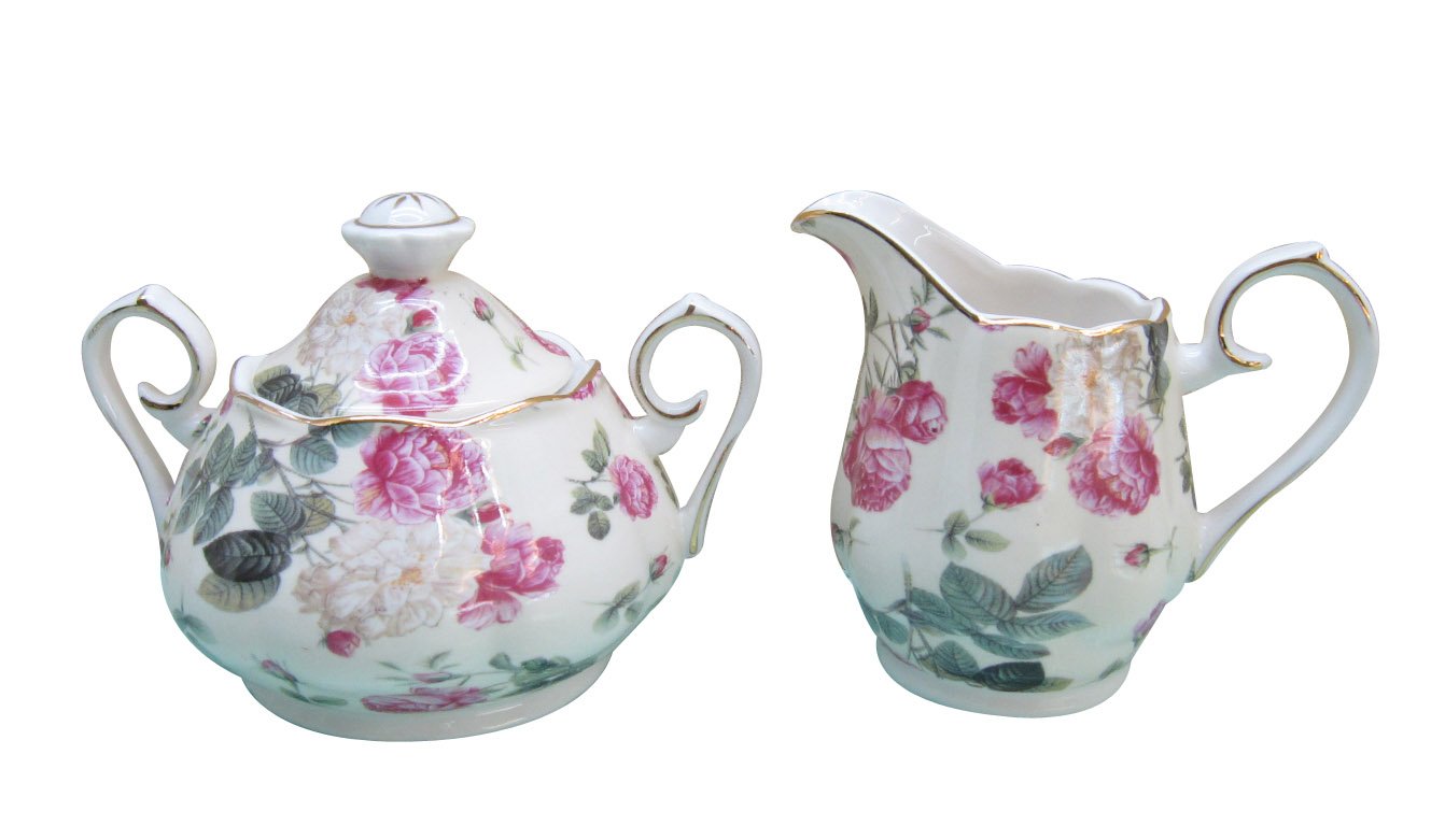 Gracie China Rose Chintz Porcelain 2-Piece Sugar and Creamer Set, Pink Rose Bouquet