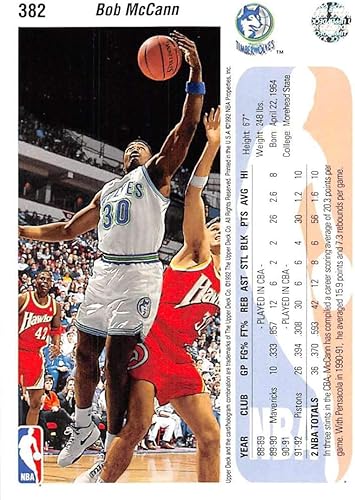 Miniatura 2 de 1992-93 Upper Deck Basketball High Series (Text and Logo Hologram) #382 Bob McCann RC Rookie Minnesota Timberwolves Official UD NBA Trading Card