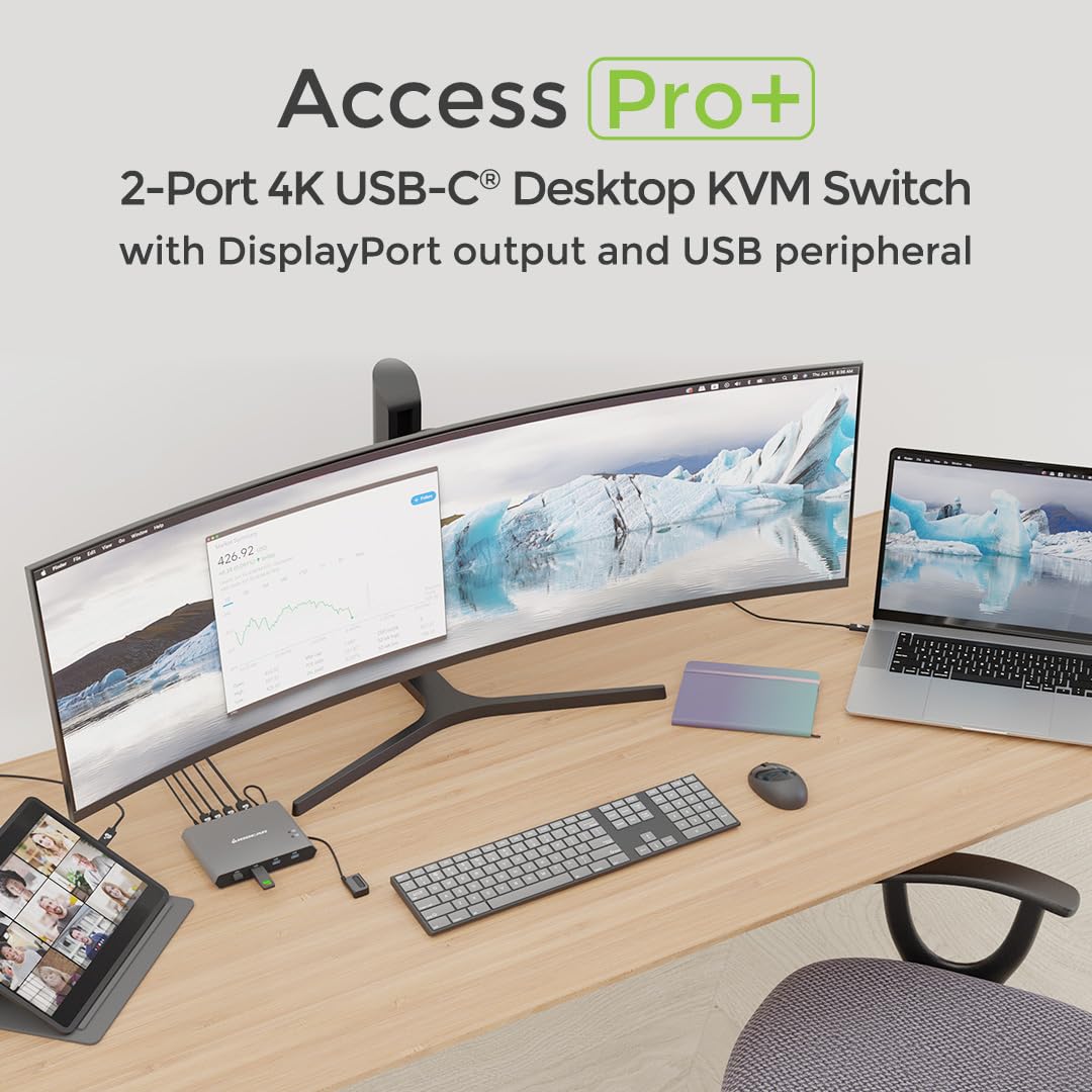 IOGEAR Access Pro Plus 2-Port USB-C KVM Switch 1 Monitor 2 Computers 4K 60Hz DisplayPort Output 4-Port USB Hub 100W Power Thunderbolt 3/4 Compatible Remote Switch (GCS1602CC)