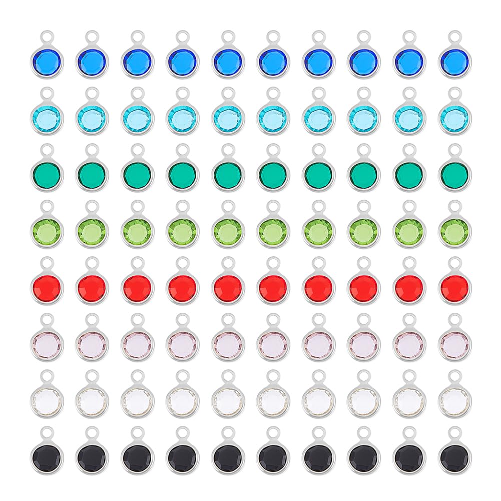 UNICRAFTALE 80 pz 8 colori Strass di Vetro Ciondoli Pendenti per Orecchini In Vetro Trasparente Piatto Rotondo Portafortuna Ciondoli In Vetro Cristallo con Anelli In Acciaio Inossidabile