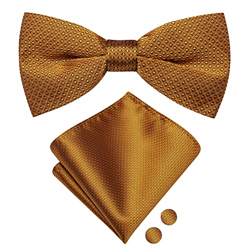 Image of Hi-Tie Bronze Pre-Tied Bowties for Men Silk Geometric Clip On Mens Bowtie Pocket Square Cufflinks Set for Wedding Party
