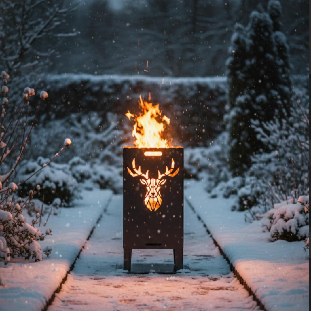 Feuertonne Hirsch & Löwe - Massive Feuerkorb Feuerschale aus Stahl Outdoor Firepit mit Motiv Stabil, Wetterfest, Perfekt für Garten, Terrasse Funkenflugschutz Cut-Out Design (50cm Hirsch)