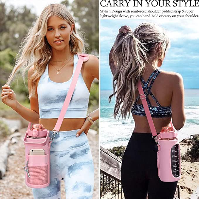 Half Gallon Water Bottle With Sleeve & Strap - Leakproof, Phone Holder Included