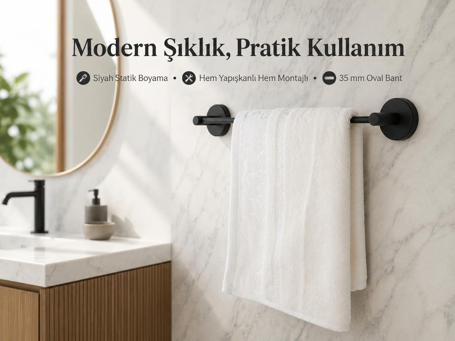 Lotus Siyah Uzun Havluluk, Yapışkanlı ve Vidalı Montajlı Havlu Askısı, Mat Siyah Statik Boyama, 35 mm Oval Bantlı Banyo Havlu Tutucu