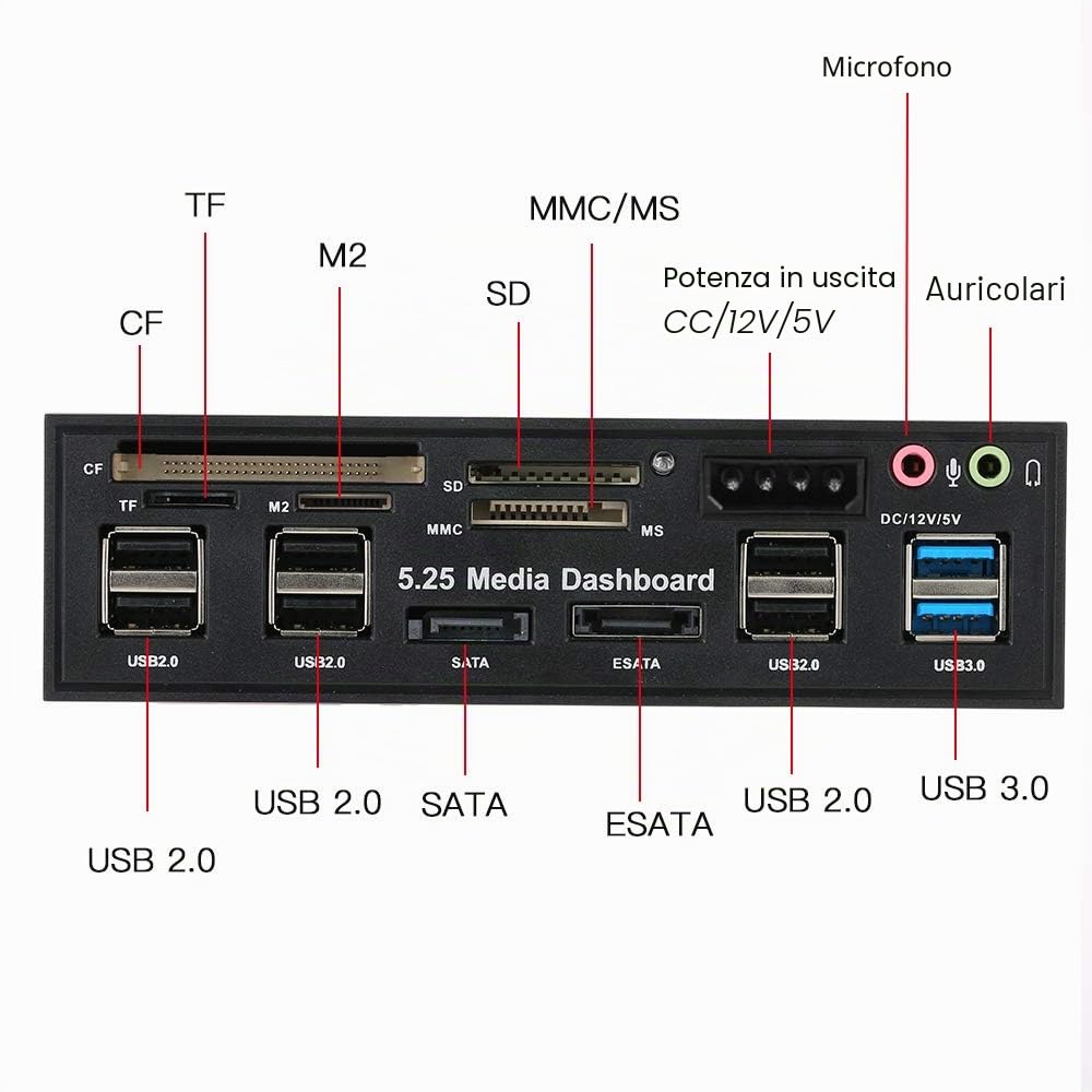 Scheda di memoria multifunzione USB 3.0 Hub eSATA SATA Lettore di schede interne PC Media Dashboard Media Pannello frontale per SD MS CF TF M2 Schede di memoria MMC Adatto a 5,25 "