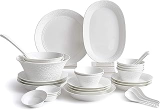 DFEDHF High-End Dinner Set,Ceramics Dinner Set, Pure White Relief Light Luxury 32 Pieces Bone China Dinnerware Sets | European Style Porcelain Steak Plates and Cereals Bowls for