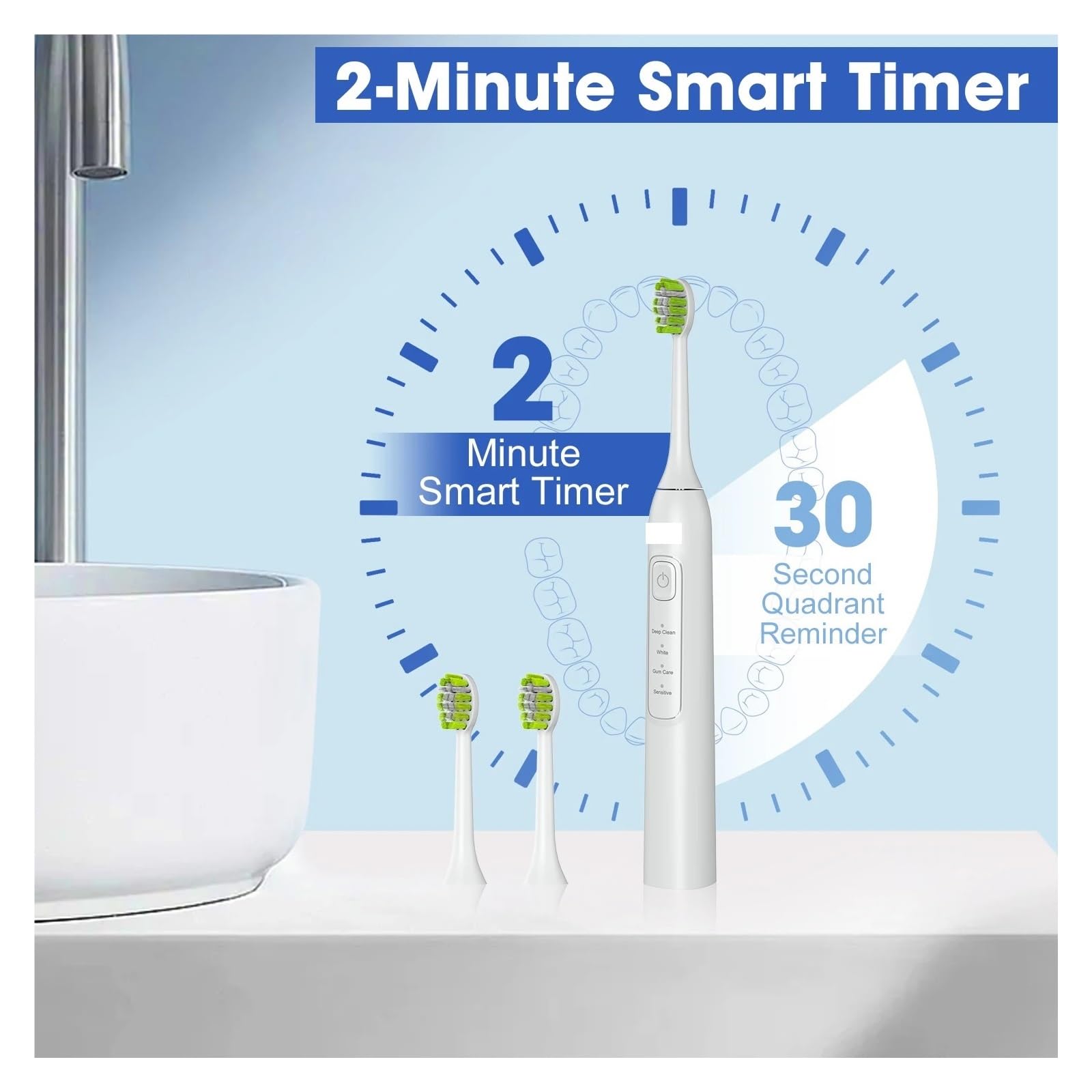 Adecuado para blanquear el cepillo de dientes eléctrico - 4 modos, temporizador inteligente, recargable tipo C, ultra potente con 6 cabezales de repuesto (JK-Y05BK)