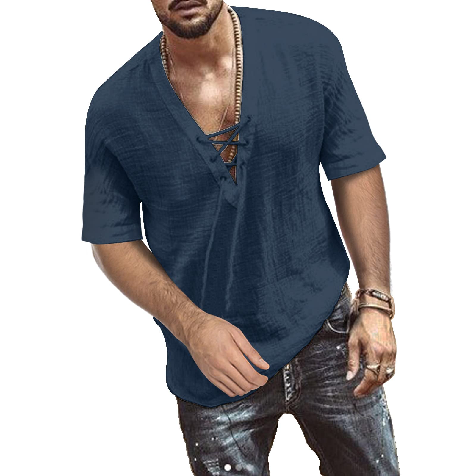 TOMEEK Camisa Casual de Hombre con Cuello en V Camisa Lino para Hombre Verano Camiseta Manga Corta Cómoda y Transpirable con Estilo