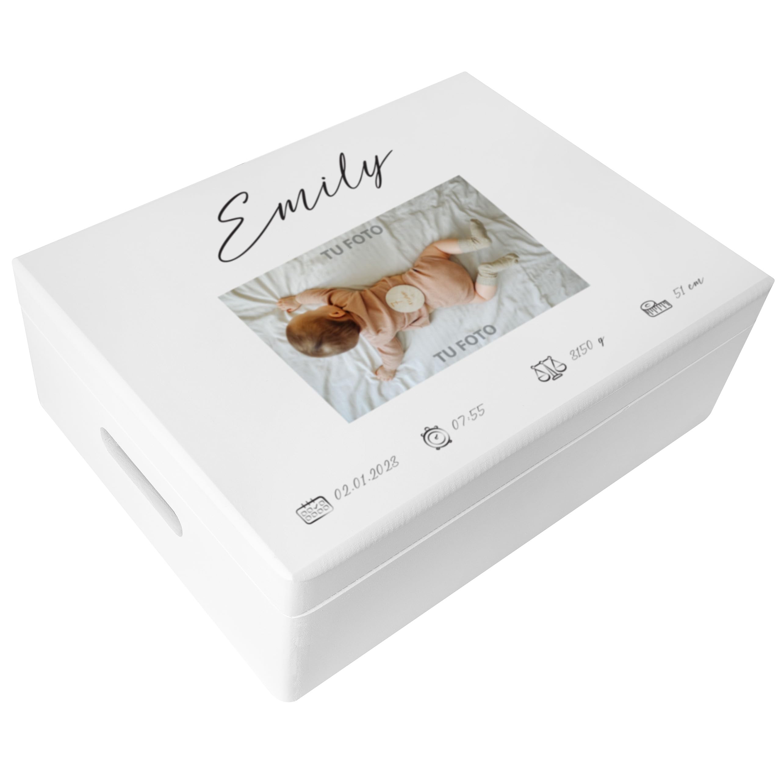 Creative DECO Blanca Caja de Recuerdos Personalizada con tu Foto para Bebés | / Idea de Regalo de Nacimiento Personalizado | Cajas de Madera Personalizadas para Niños | Personalizados para Niño y Niña