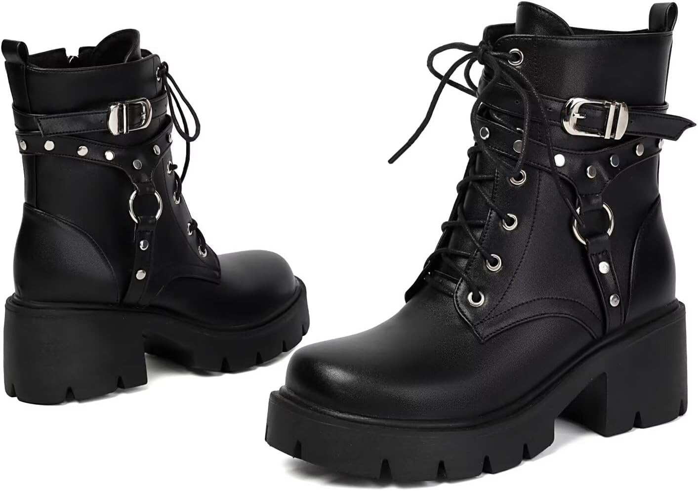 Women's Buckle Goth Platform Ankle Boots Chunky Block Low Heel Punk Combat Short Booties Biker Moto Cosplay Party Fashion Lace Up Round Toe Side Zipper Boot