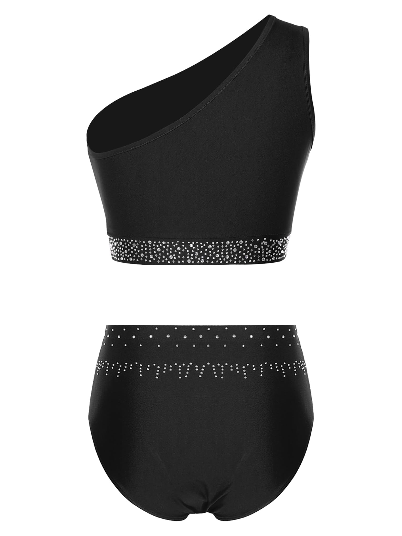 Jan Jean Women Lyrical Dance Outfits Rhinestones One Shoulder Crop Tops with Briefs Modern Ballet Dancewear Black Small