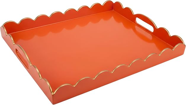 Gifturbo Orange Large Serving Tray with Handles Rectangular Plastic Wave Edge Decorative Coffee Table Tray for Ottoman, Living Room, Bathroom, Home Decor, Vanity Trays with Gold Trimming