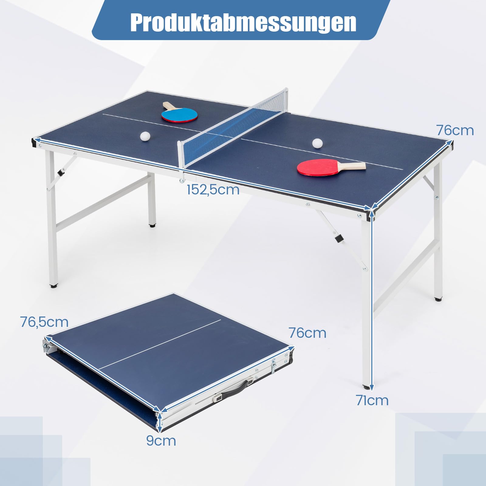 COSTWAY Składany stół do tenisa stołowego 152,5 x 76 cm, mini stół do tenisa stołowego odporny na warunki atmosferyczne, stół do ping ponga z siatką, 2 rakiety i piłki, wstępnie zmontowany stół