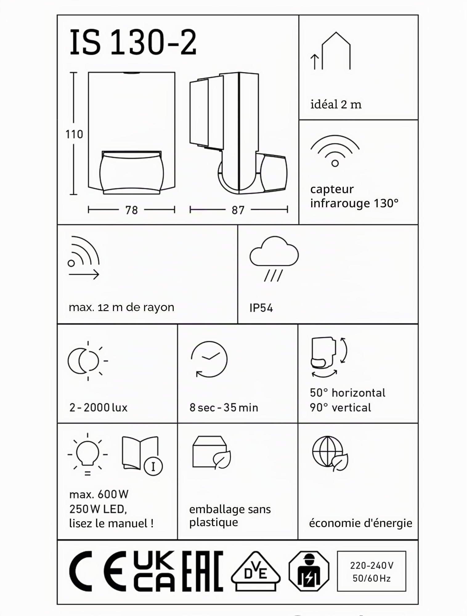 Steinel Détecteur de mouvement IS 130-2 blanc, extérieur/intérieur, capteur infrarouge 130°, portée max. 12 m, IP54 | Capteur de mouvement à 130°, portée de 12 m, pour usage intérieur et extérieur