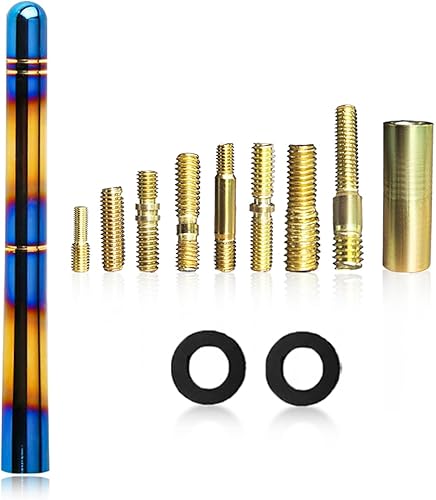 Kewucn Antena de radio corta para automóvil, 4.7 pulgadas, superficie pulida de aluminio azul horneado, mástil de antena automática, antena de radio