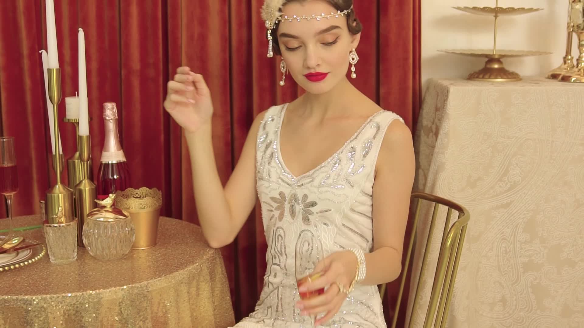 BABEYOND Damesjurk in jaren ’20-retrostijl, wapperend, ronde hals, met stijlvolle pailletten, in de stijl van The Great Gatsby, feestjurk, verkleedjurk - Image 7