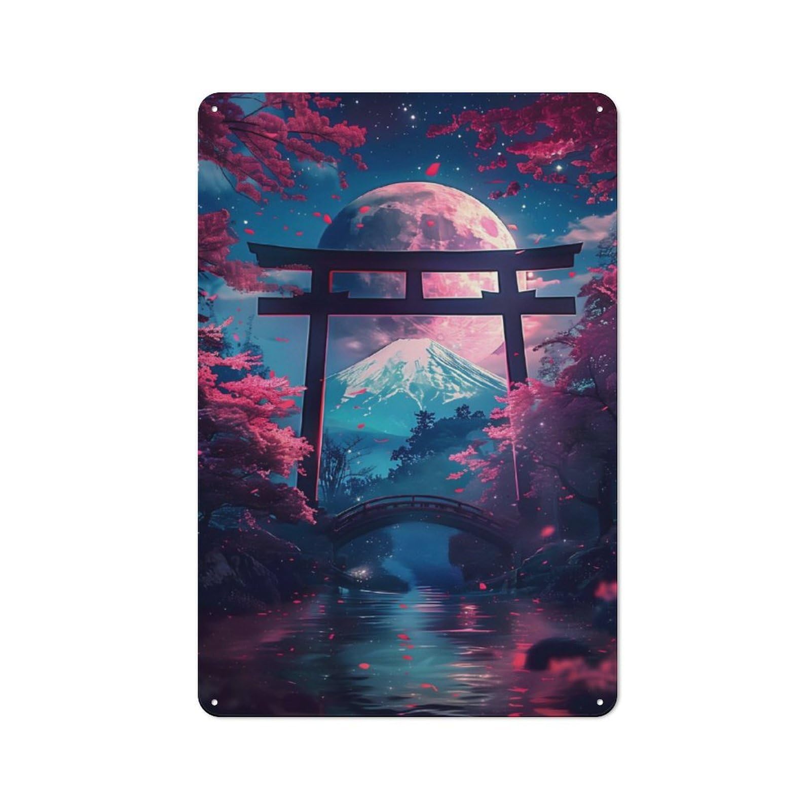 Junmoney Torii Gate Moonlit Shrine Tin Wall Plaque 30X20cm With For Kitchen Or Home Bar, Metal Sign Decor For Dining Areas And Home Bars