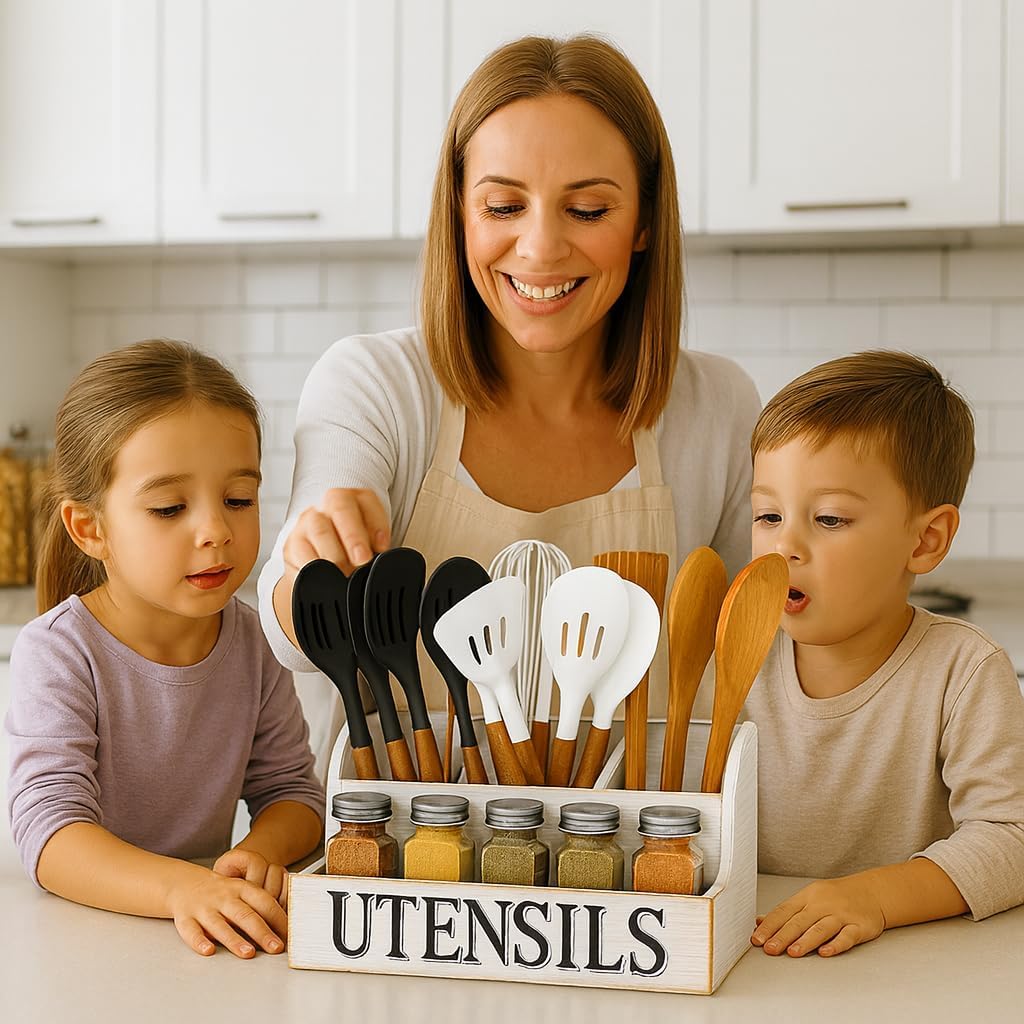Large Wooden Kitchen Utensil Holder with 4 Compartments | White Farmhouse Utensil Organizer for Countertop, Rustic Cooking Utensil Caddy, Silverware & Spoon Storage | White Wood Grain