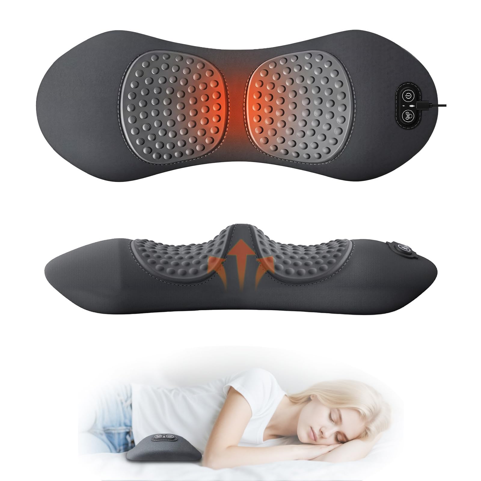 3 in 1 Smooth Spine Triple Fusion Back Massager 2025 New with Heat, Adjustable Height Electric Lumbar Support Pillow, Lower Back Support Pillow for Bed Lower Back Pain Relief Deep Tissue (Black)