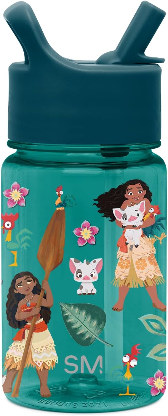 Disney Moana Kids Water Bottle Plastic BPA-Free Tritan Cup with Leak Proof Straw Lid | Reusable and Durable for Toddlers, Girls | Summit Collection | 12oz, Moanas Village