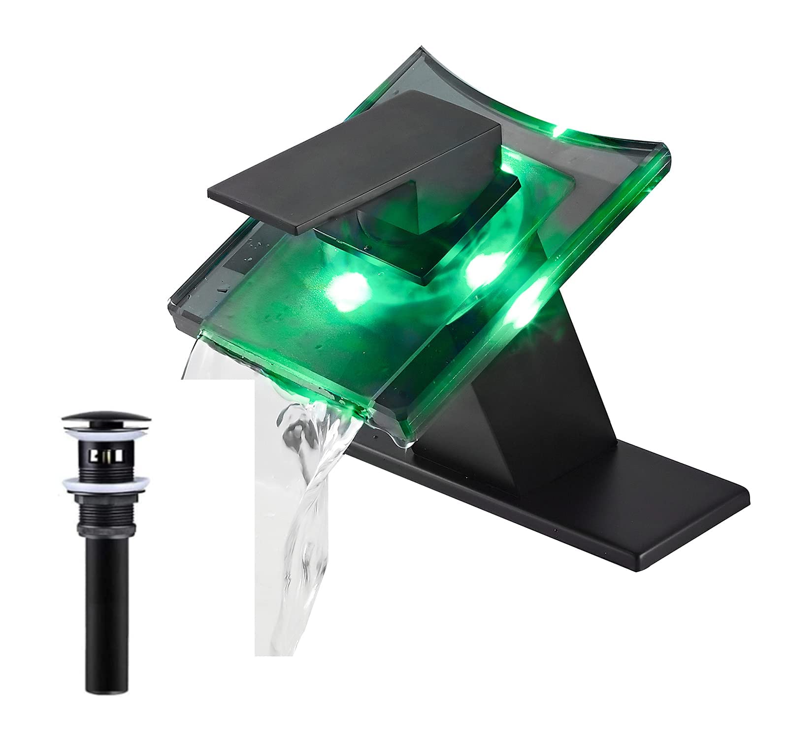 Nfusrxmbk Black/Light Bathroom Faucet Led 3 Color Chaning Waterfall Glass Spout Rbg Matching Drain Assembly With Overflow Lavatory Vanity Sink Basin Tap