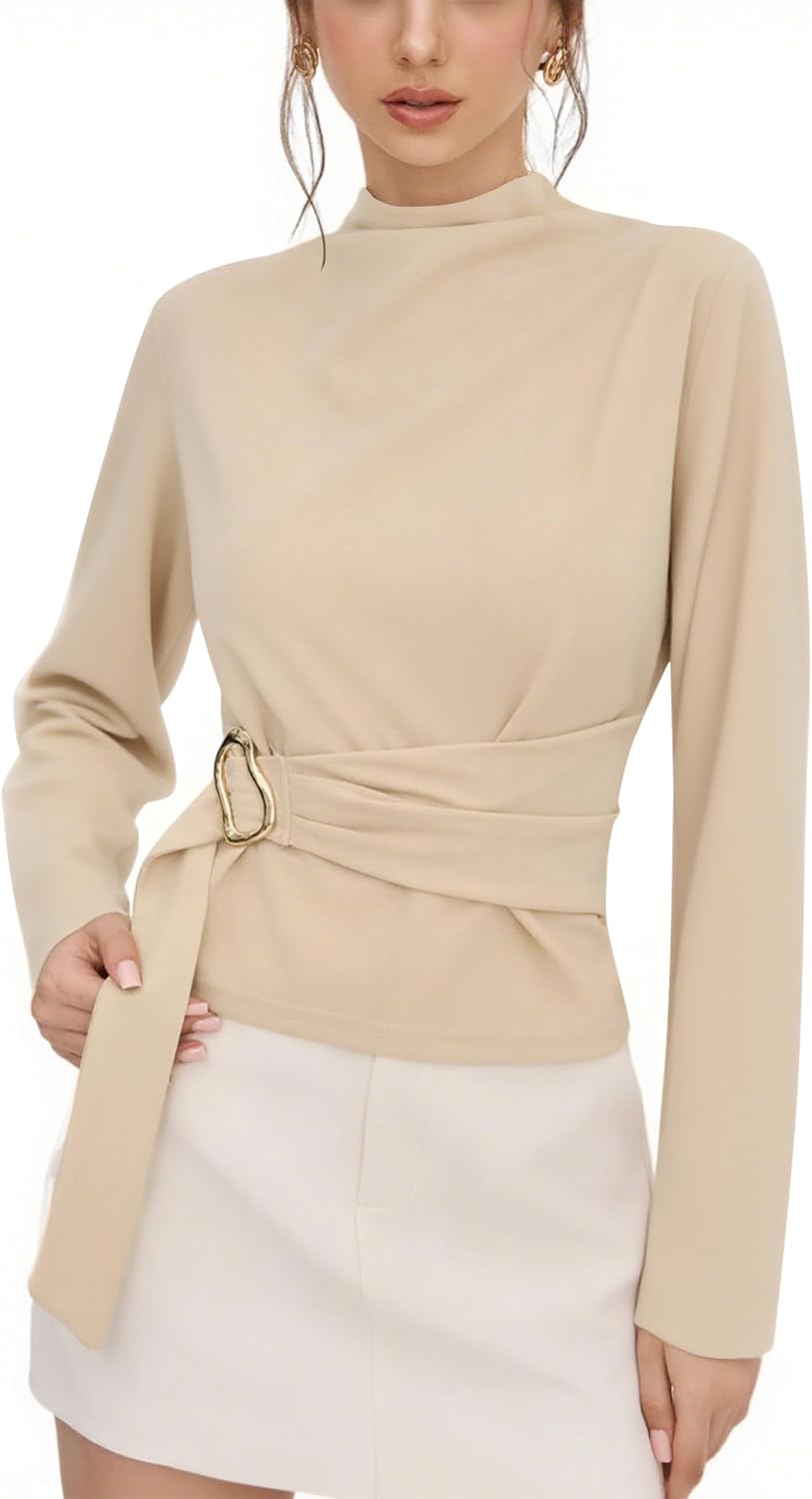 Elegant Tops for Women Buckle Tie Top Stand Collar Belted Long Sleeve Casual Blouse 2025 Tie Waist Shirt Tops