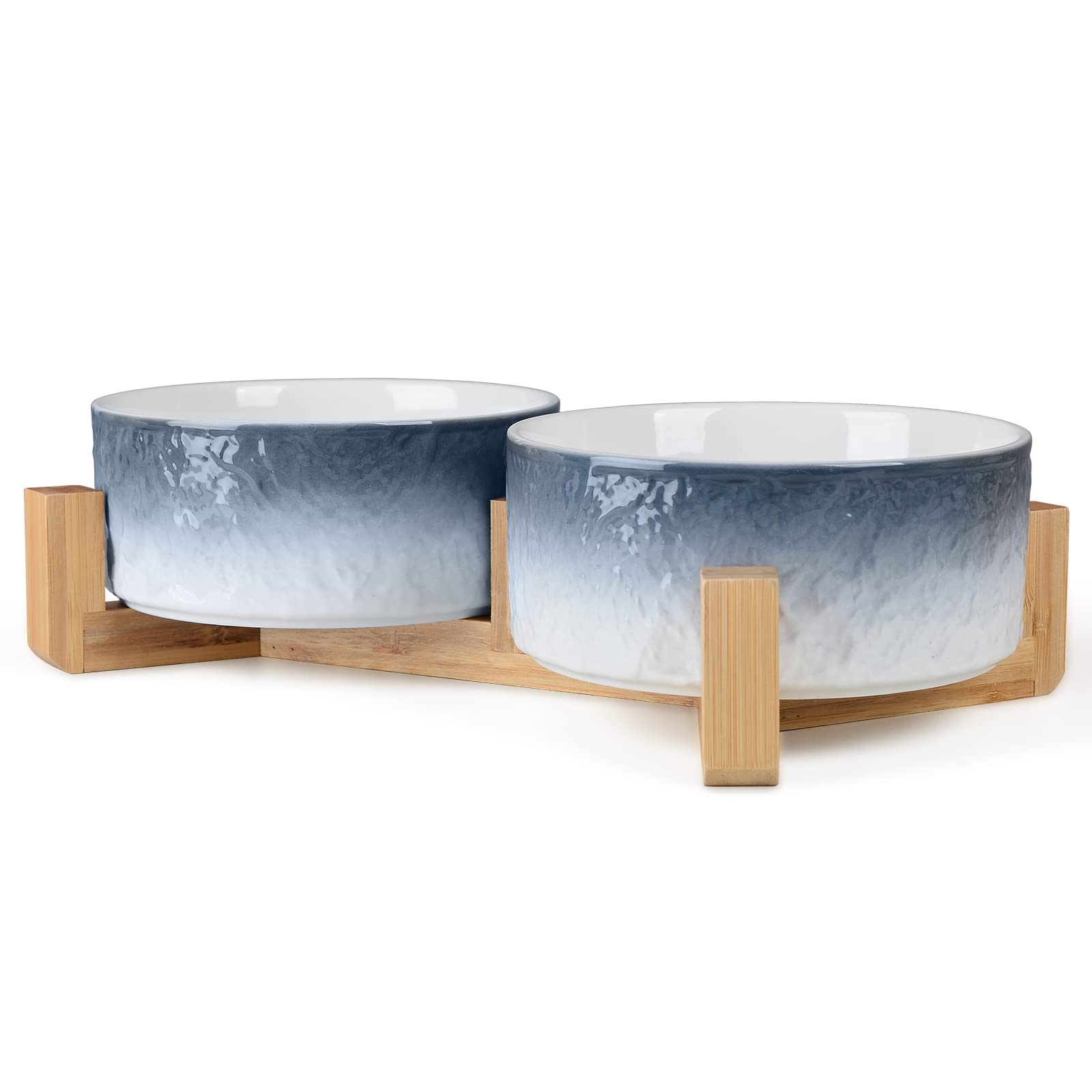 X spring Xspring Pet Ceramic Bowl, Durable Ceramic Dog and Cat Bowl, Dog Food Bowl with Wooden Stand and Non-Slip Pads, Double Dog Bowls for Food and Water (Blue)