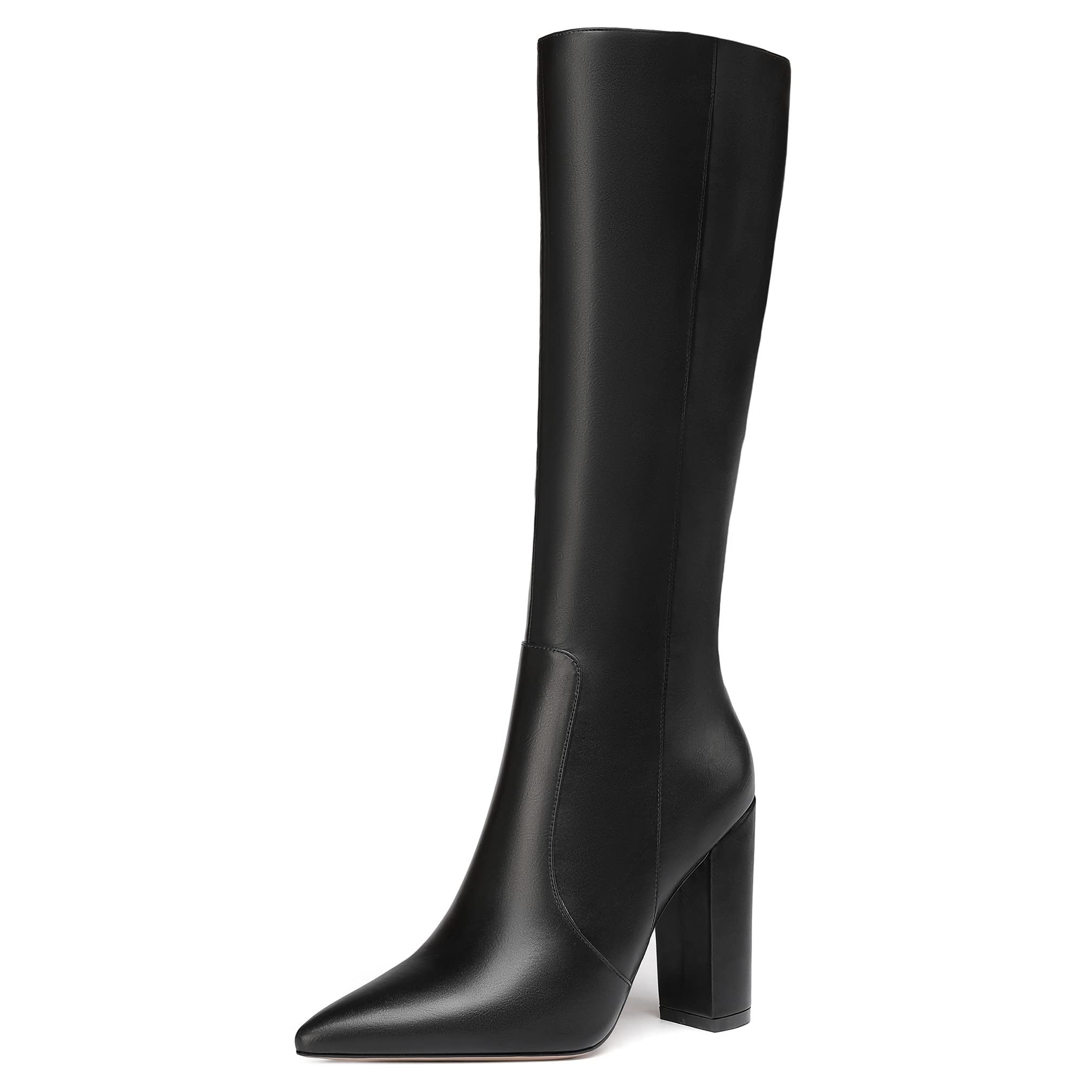 WAYDERNS Womens Matte Leather Thick Pointed Toe Zip Block High Heel Knee High Boots 4 Inch