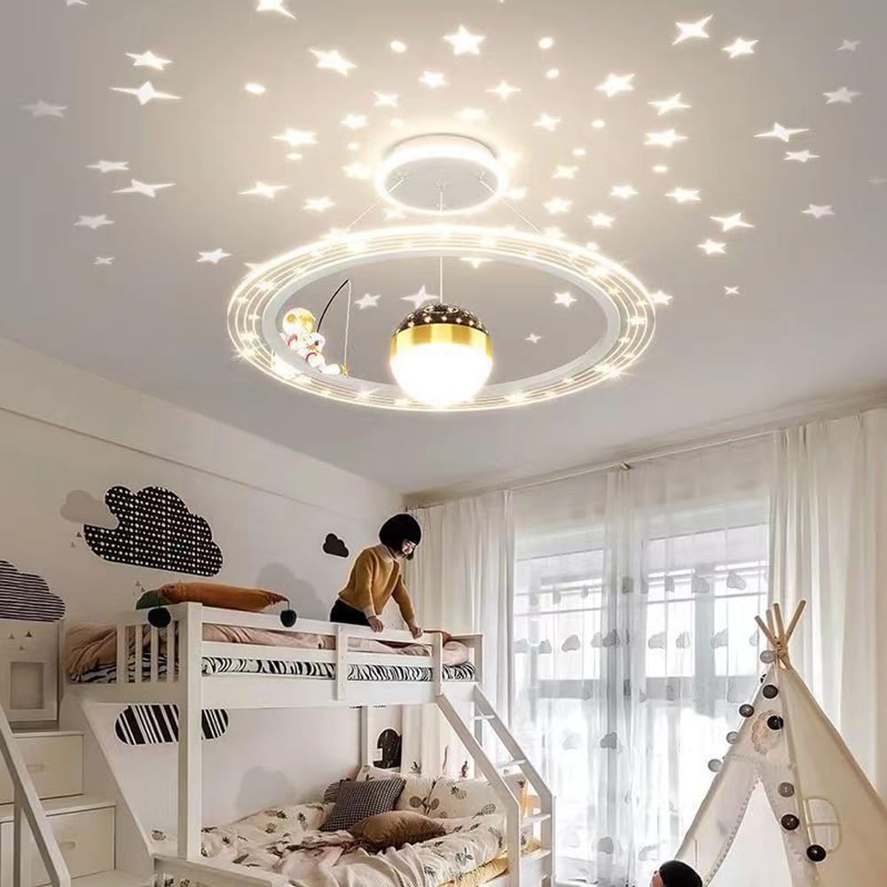 Plafoniera LED Astronauta per Camera dei Bambini con Proiettore Stelle Dimmerabile Rotondo Lampadario Moderno Lampada a Sospensione Plafoniera per Camera da Letto per Ragazzi per Ragazze Camer
