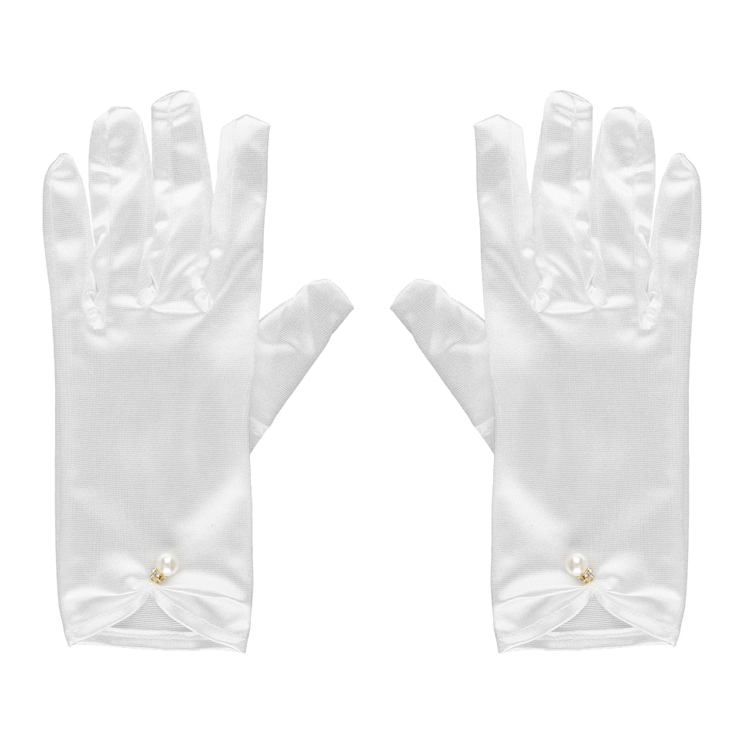 Tabanzhe Women's White Short Satin Gloves For Wrist Length Pearl Bridal Wedding Gloves For Flapper Opera Banquet Tea Party Evening Party Dress Accessories(White)
