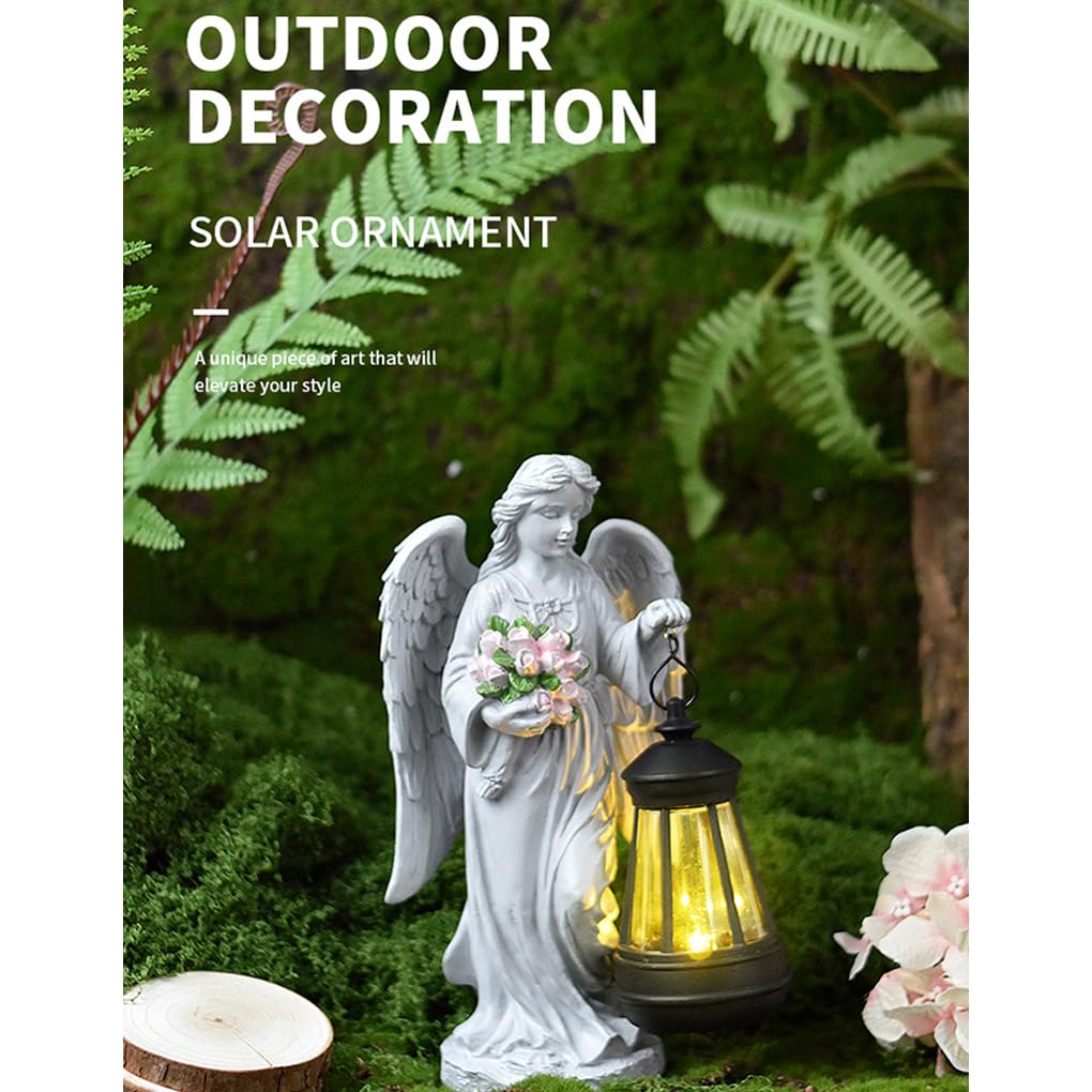 Statua Angelo Custode Con Lanterna Solare LED Per Esterni E Cimitero, Decorazione Giardino E Terrazzo, Resistente Alle Intemperie, Altezza 33cm