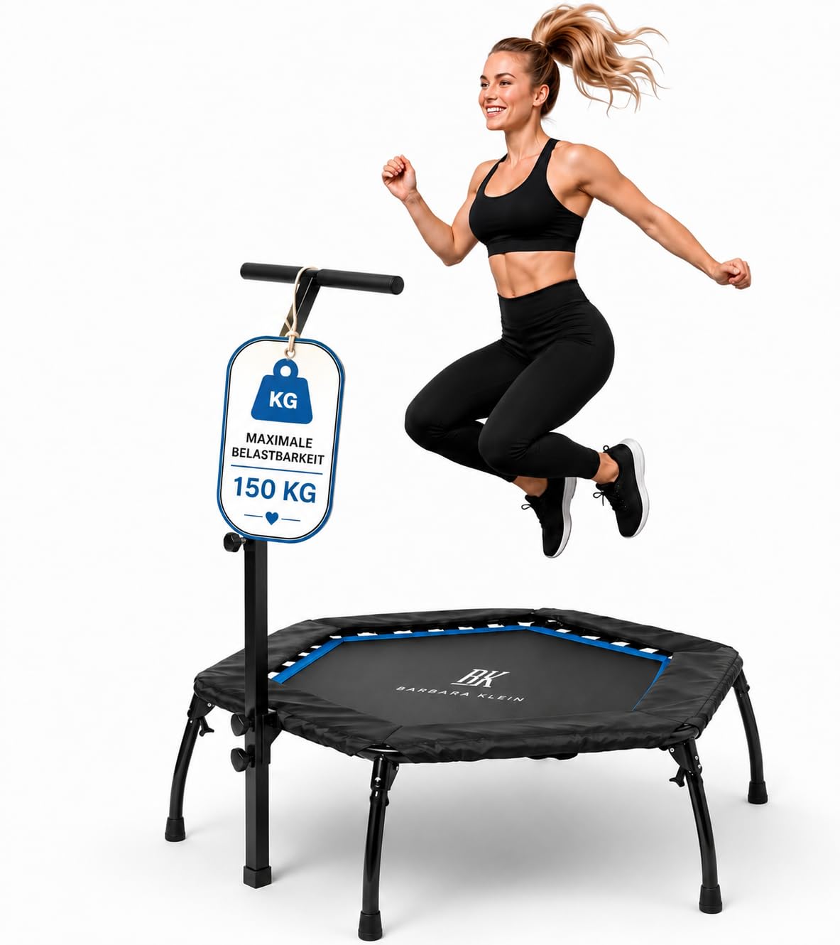 BK Barbara Klein Fitness Trampolin 133 cm mit Haltestange, 42 Gummiseile, Hexagon Rebounder, 100 kg Belastbar, Höhenverstellbar Indoor Heimtraining