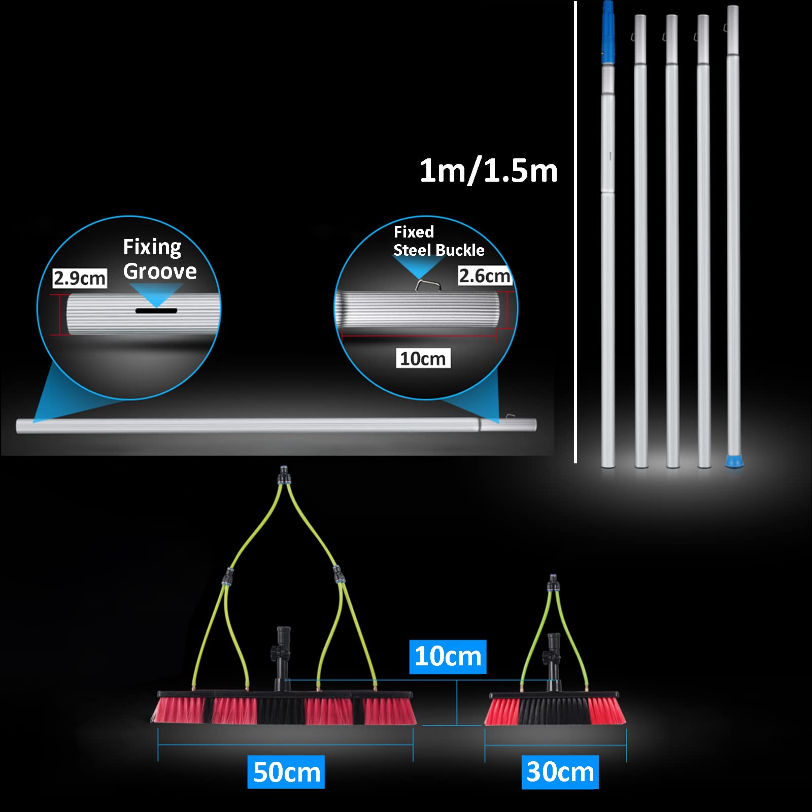 Kit de limpieza de ventanas extensible con poste de alimentación y cepillo, ideal para limpieza de paneles solares y techos, solución profesional de lavado para un brillo sin rayas