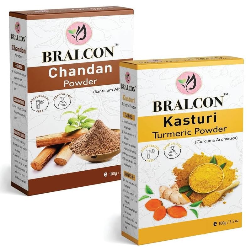 BRALCON Kasturi Haldi Chandan Powder Combo for Face Pack | Sandalwood Powder | Amba Haldi Powder Pack of 2 | 200gm