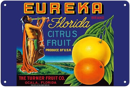 Eureka Brand Florida Citrus - The Turner Fruit Company - Etiqueta vintage para caja de frutas c.1940s - Cartel de metal vintage de 8 x 12 pulgadas