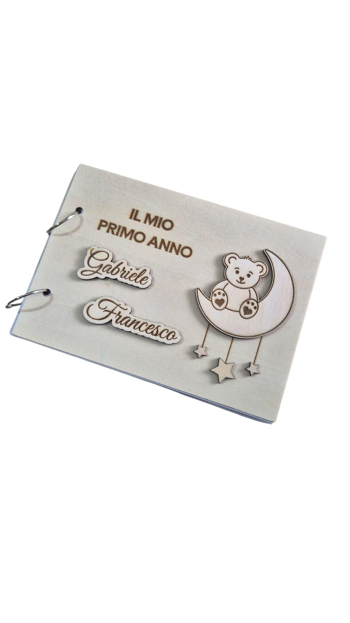 Album Foto Neonato "Il Mio Primo Anno" in Legno – Diario Nascita con Dettagli 3D a Rilievo e Pagina Dati – Idea Regalo Battesimo e Nascita – Design Orsetto sulla Luna
