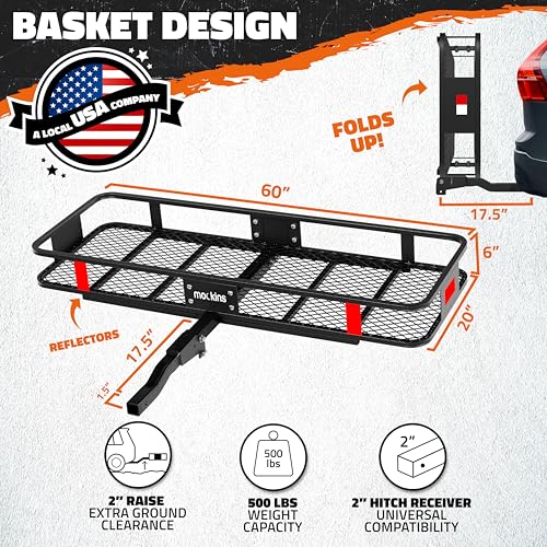 Image of Mockins Folding Luggage Rack for SUV Car Truck ATV & More | 500 lb. Capacity Steel Trailer Hitch Cargo Carrier 60 inchx20 inchx6 inch with Cargo Carrier Hitch Mount Accessories