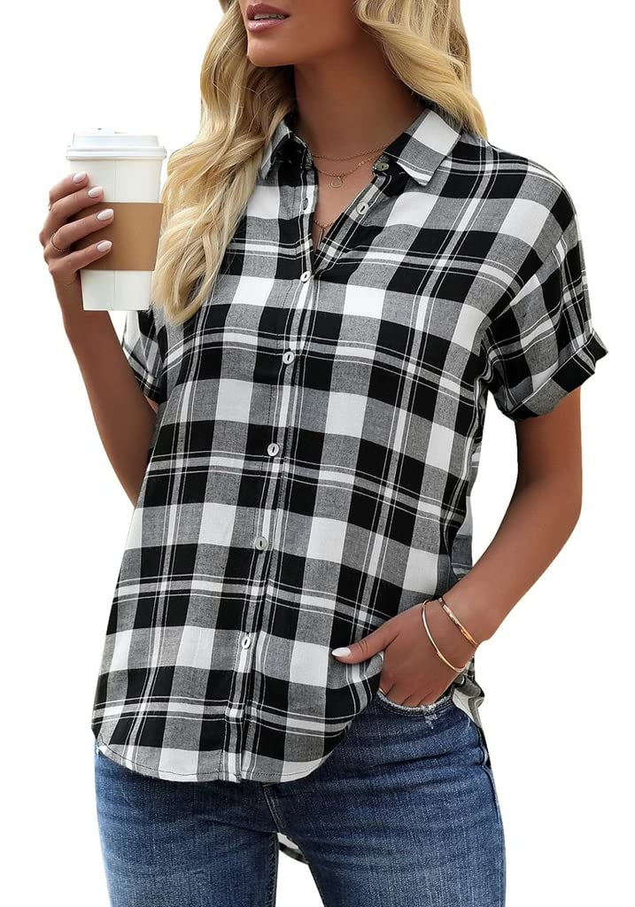 GeGekoko Damen Kariert Bluse Kurzarm V-Ausschnitt | Casual Lose Passform, Hemdbluse zum Knöpfen, Sommer Tunika, T-Shirt Oberteile