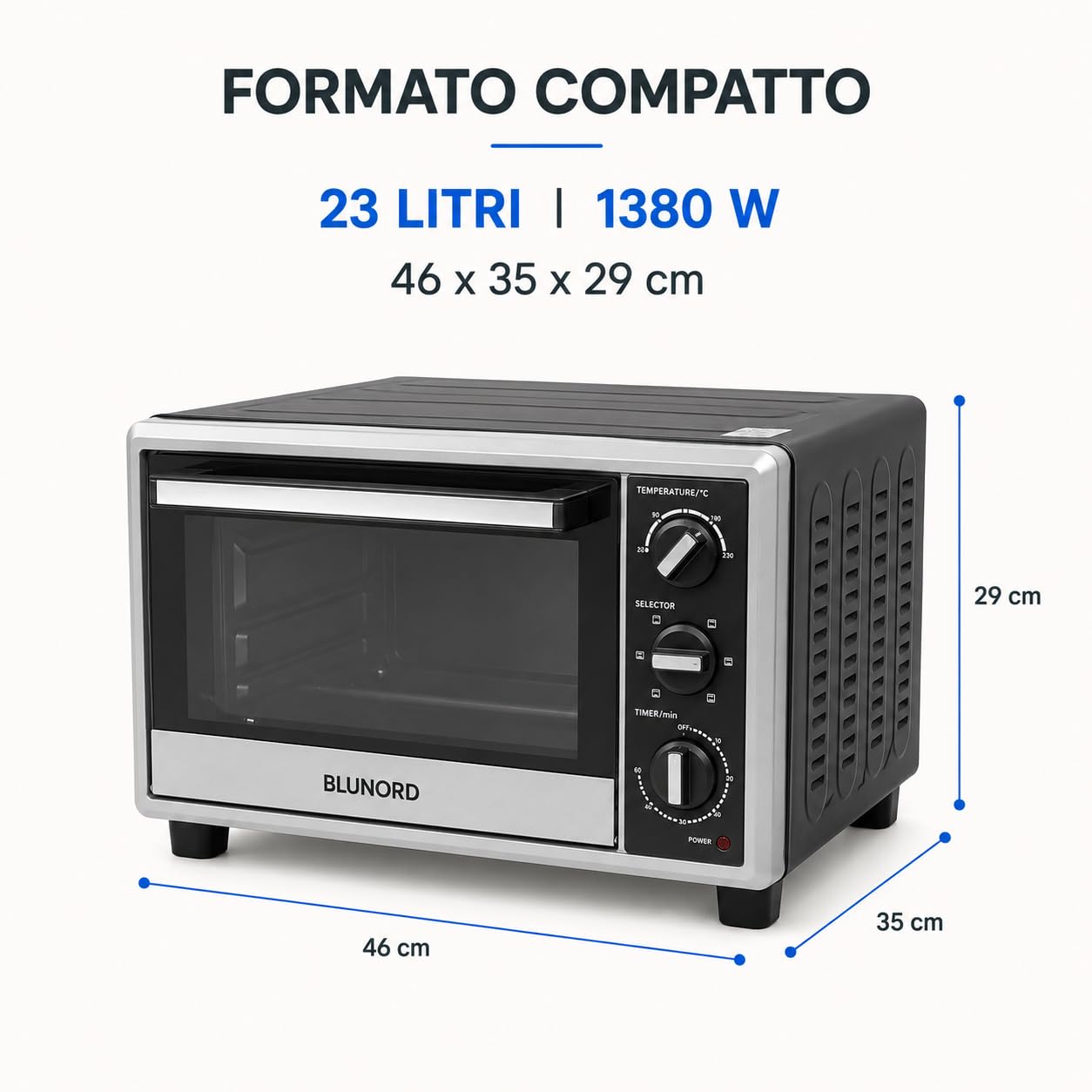 Blunord Bluf23prof Forno Elettrico Professionale 23L 1380W Ventilato Grill Timer Termostato Regolabile Easy Clean Nero Lucido