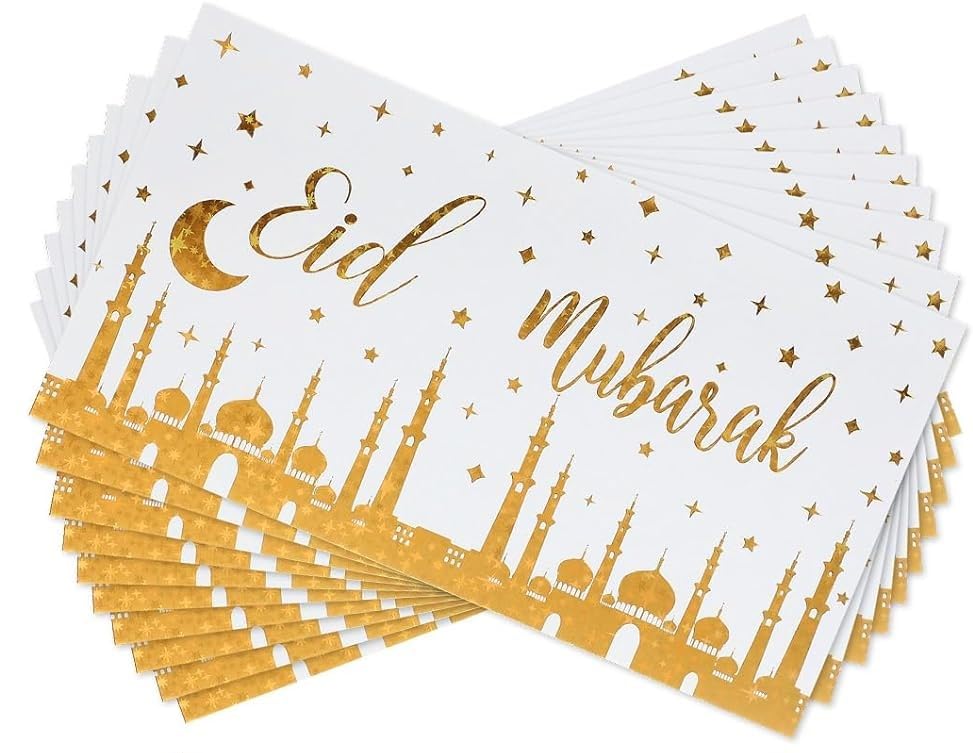 Eid Mubarak Money Wallets Envelopes - Eidi Gift Gold Foiled - Pack of 10 (White & Gold Mosque)