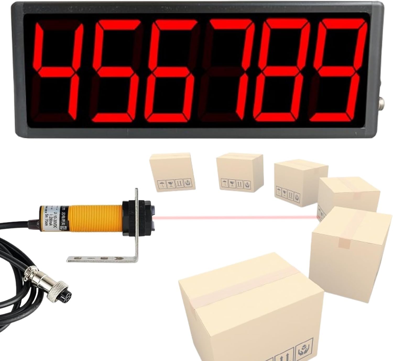 Licznik cyfrowy z dużym wyświetlaczem LED, czujnikiem o pojemności do 999999 zliczeń, regulowana odległość od 30 do 70 cm, do zawieszenia lub montażu na ścianie, idealny do przenośników