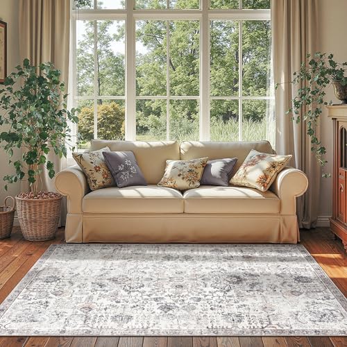 jinchan Kalen Area Rug 4x6 Washable Bedroom Rug Vintage Indoor Thin Floor Cover Retro Accent Mat Distressed Gray Floral Country Boho Non Slip Carpet f