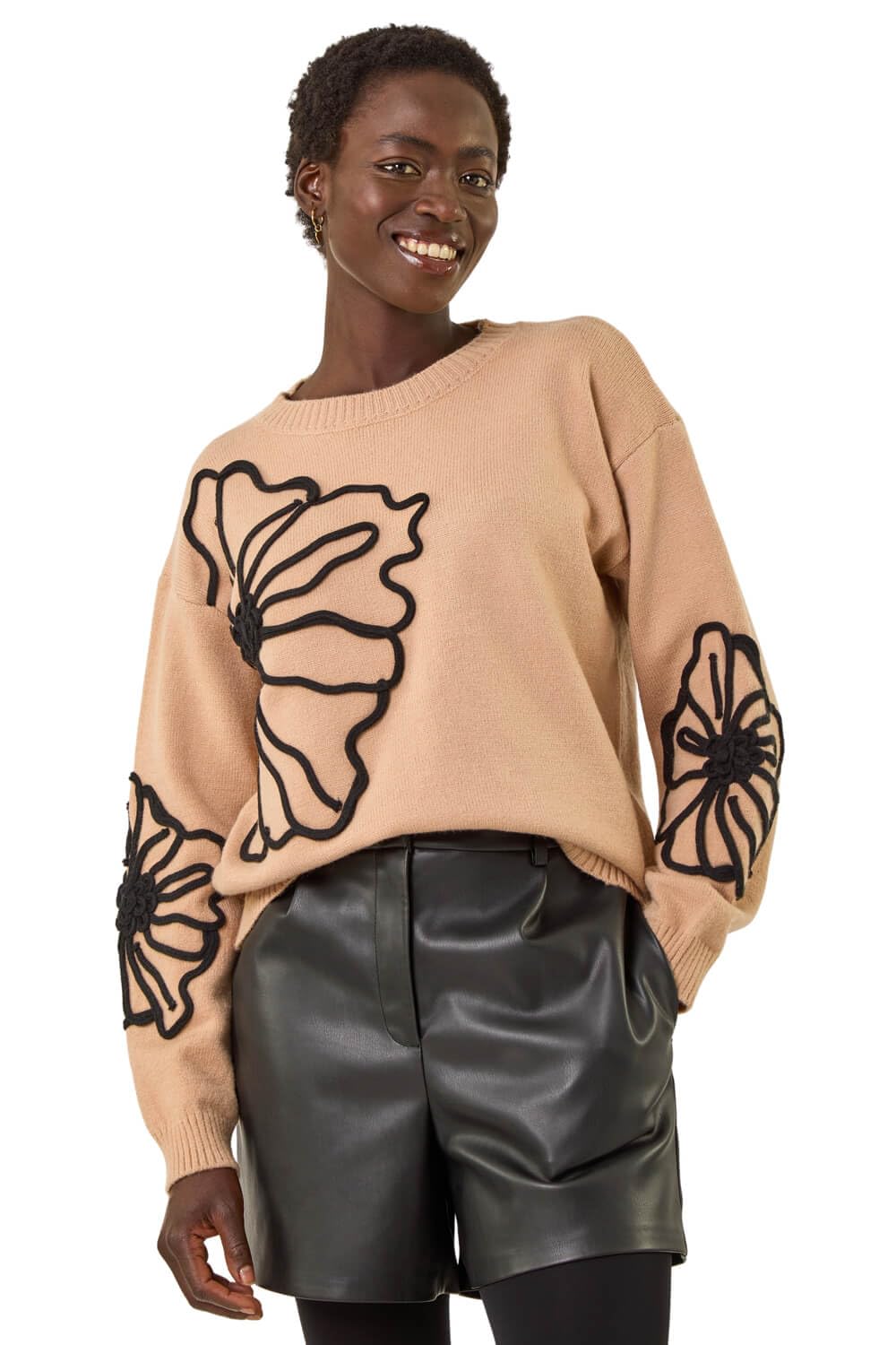 Roman Women's Camel Cornelli Floral Knit Jumper Medium