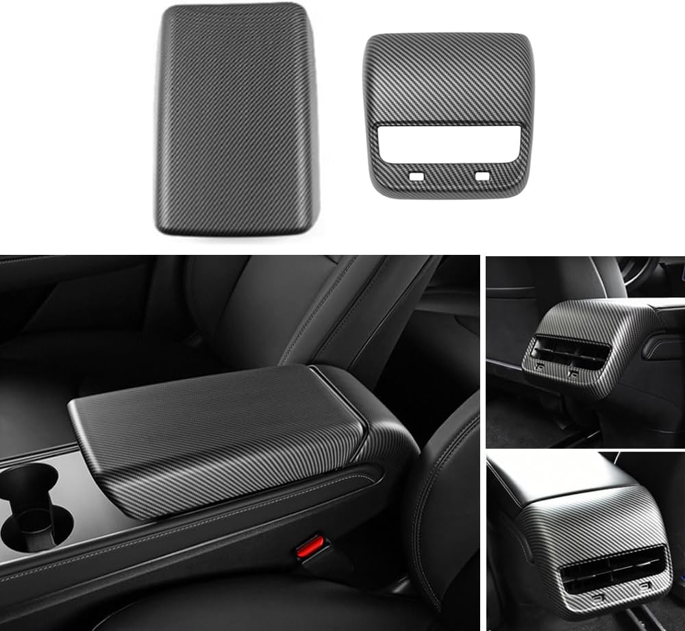 StarYtbl 2PCS Center Console Armrest Cover & Rear Air Condition Vent Cover for Tesla 2024-2026 Model 3 Highland & 2025-026 Model Y Juniper, Arm Rest & Rear AC Vent Cover (Matte Carbon Fiber Pattern)